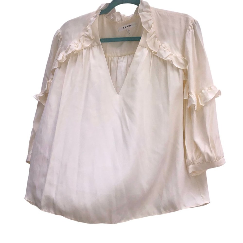 FRAME ivory silk charmeuse ruffle trim balloon sleeve tunic top M